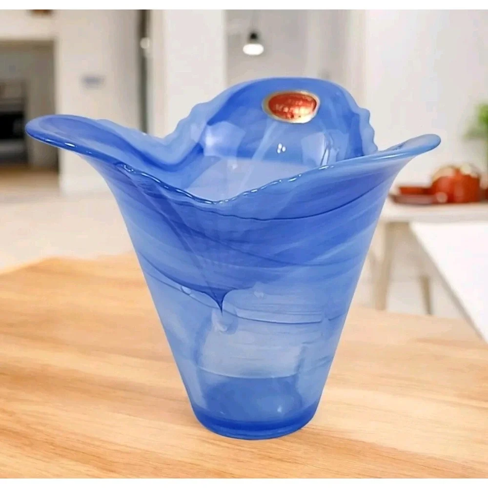 Vintage Lavorazione Murano Style Art Glass Blue Clear Swirl Ruffled Edge Vase